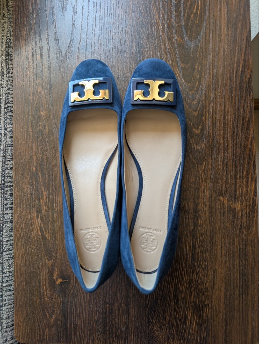 Tory Burch Gigi Blue Suede Gold Logo Slip-on Flats Shoes